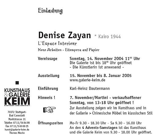 Einladung zur Ausstellung Denise Zayan bei der Galerie KEIM Stuttgart