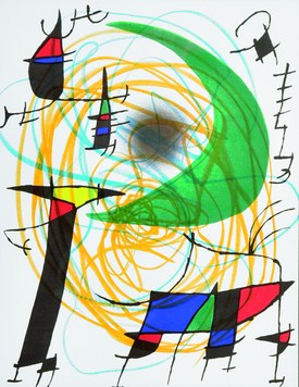 Joan Miró, Lithographie mit grünem Halbmond und gelben Kreisen